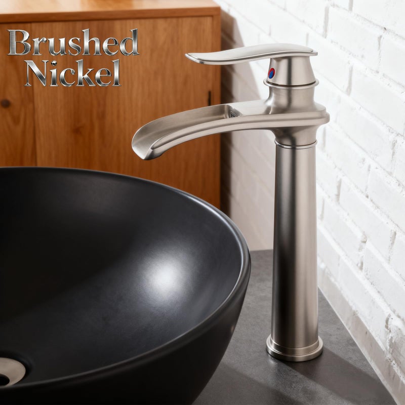 Beelee Waterfall Spout Commercial Bathroom Vessel Sink Faucet Single Handle One Hole Deck Mount Brushed Nickel Lavatory Mixer Tap - Image 4
